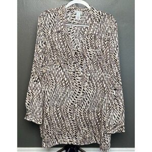 CATHERINES 2X Black Brown Tan Roll Tab Sleeve V-Neck Pullover Blouse Top